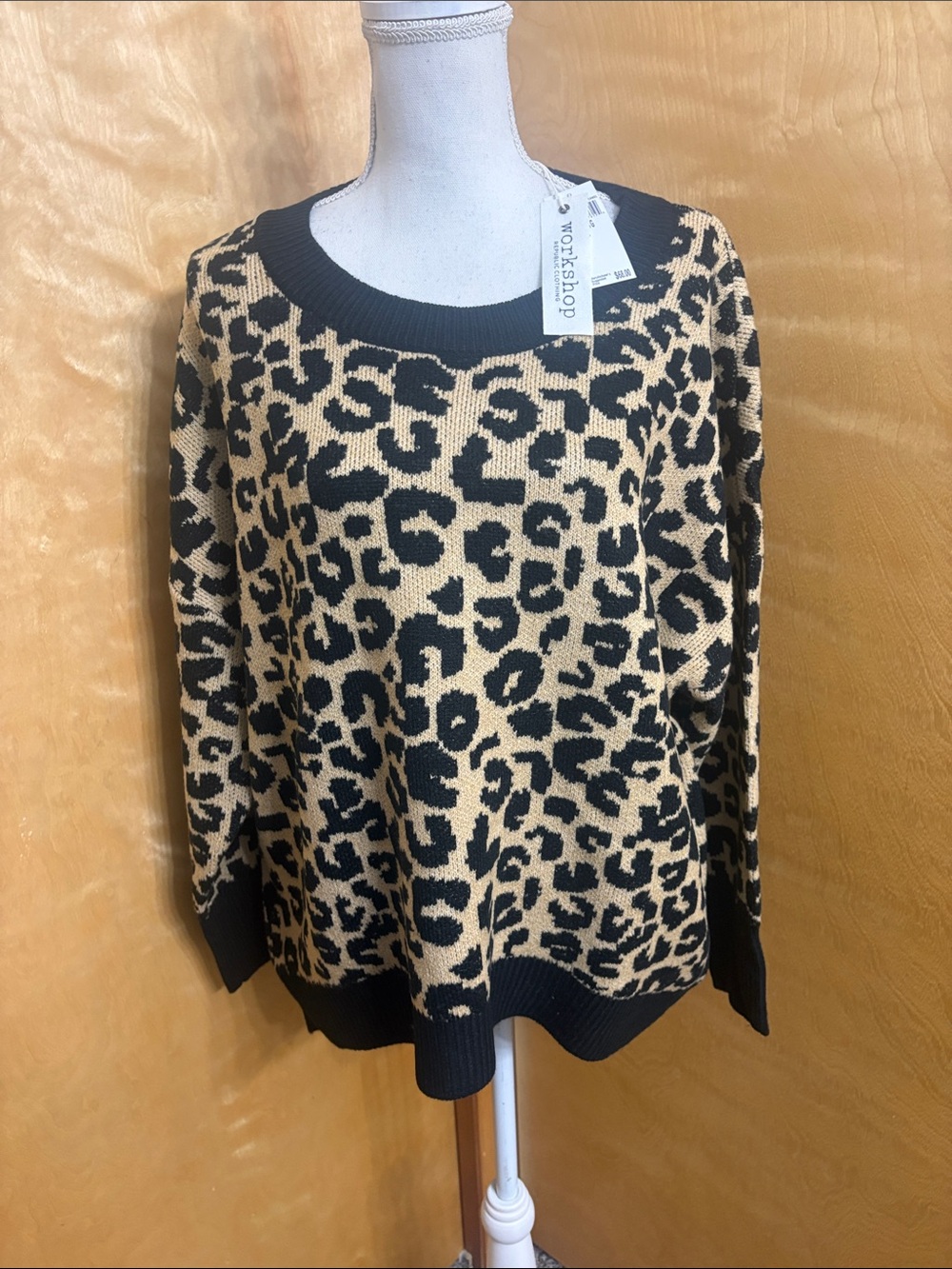 NWT Workshop Republic Clothing Leopard Print Black/Camel Sweater Size XL